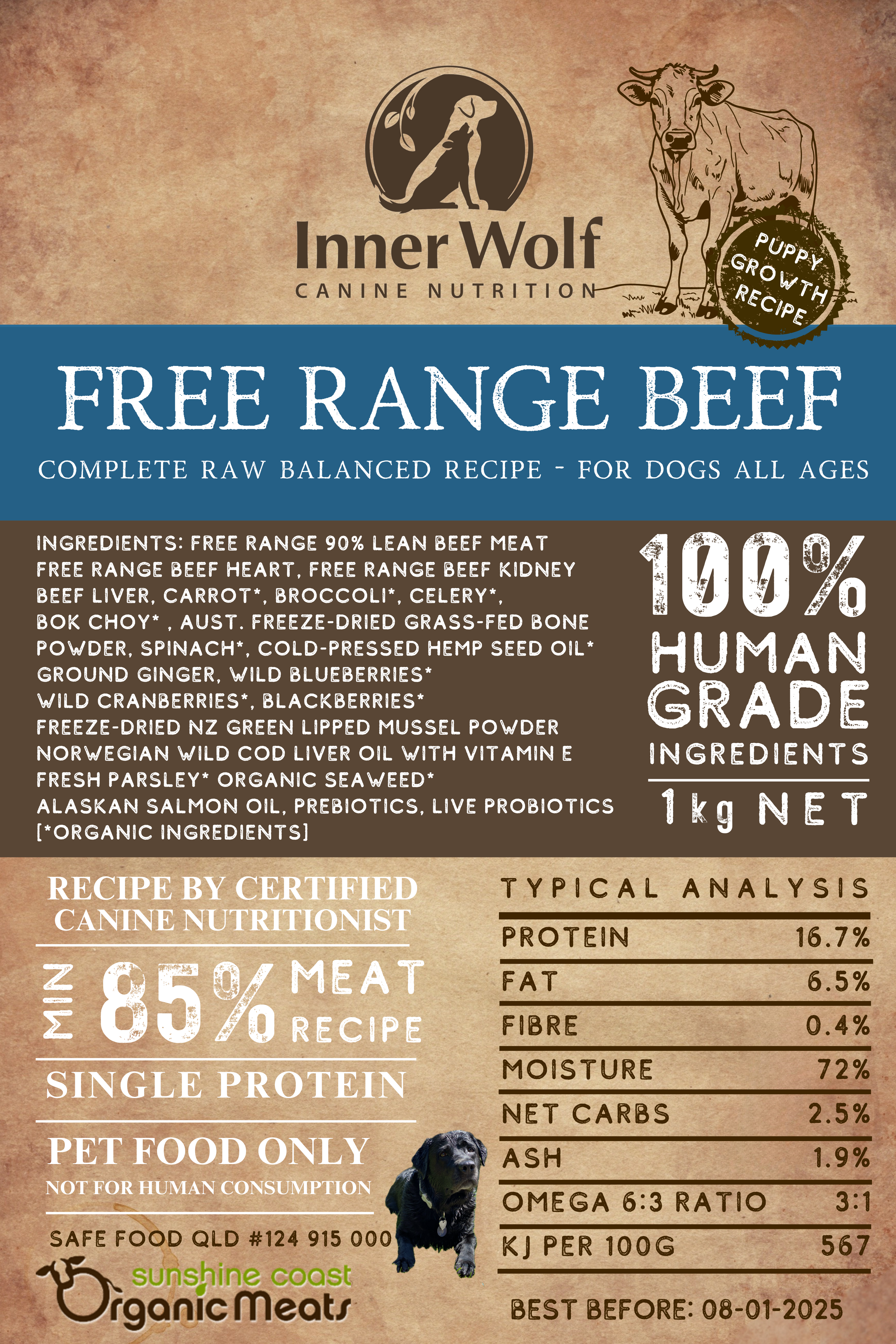 Inner Wolf Free Range Beef 1kg Complete Raw Dog Food Sunshine Coast