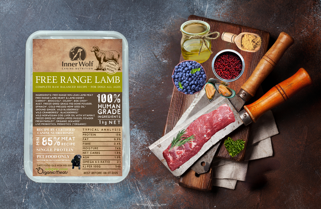 Inner Wolf Free Range Lamb 1kg Complete Raw Dog Food Sunshine Coast